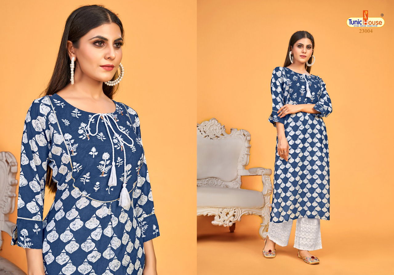 Tunic House Blue Sky Fancy Ethnic Wear Printed Kurti With Bottom Collection